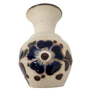 Vintage Tonala Pottery Hand Painted Floral Sandstone Bud Vase Mexican Folk Art